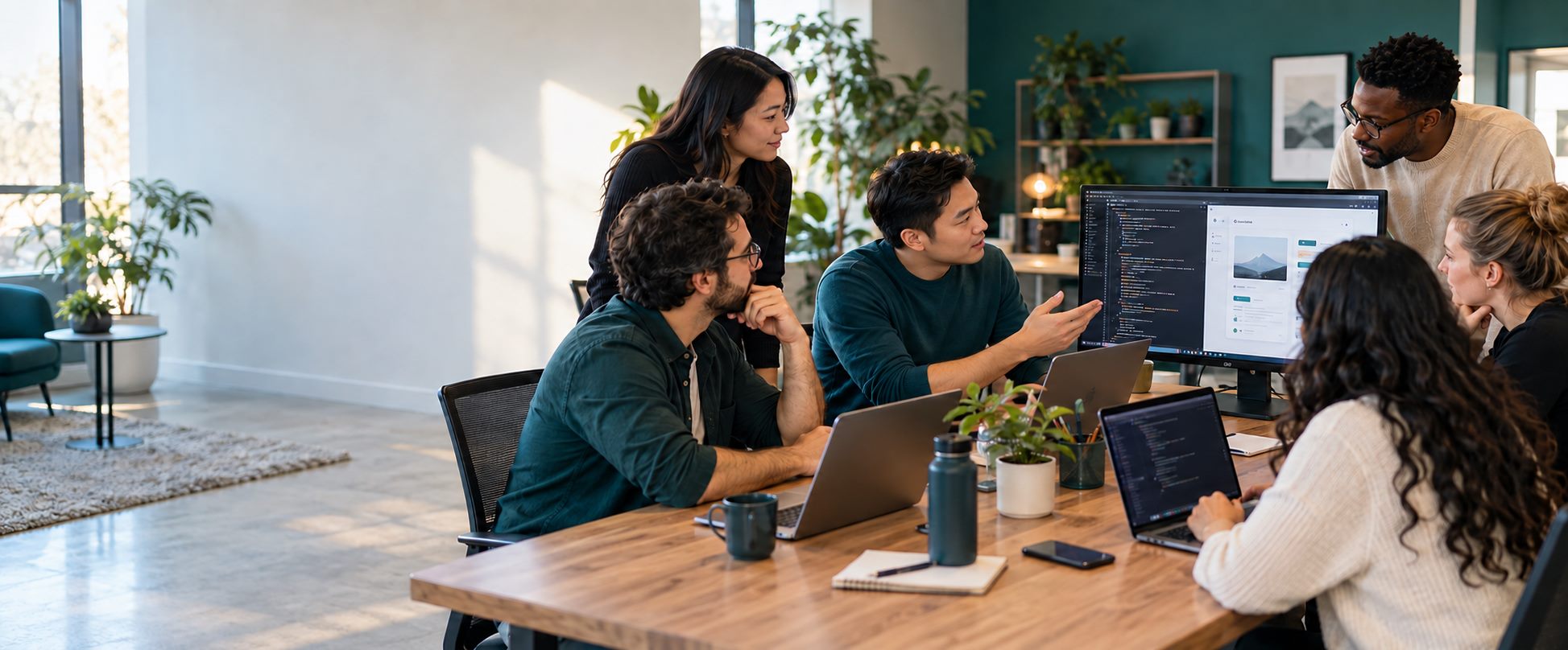 The Korelvia Tech team discussing code and a web application around a shared table